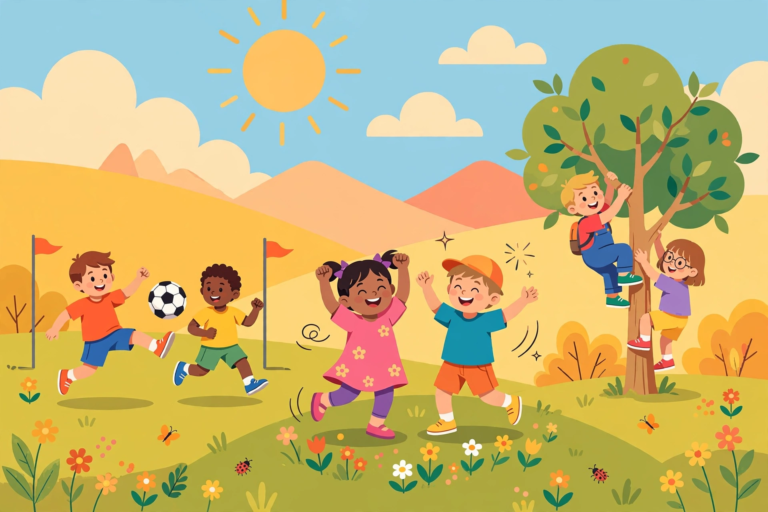 Energetic kids playing soccer, dancing and climbing for action words practice