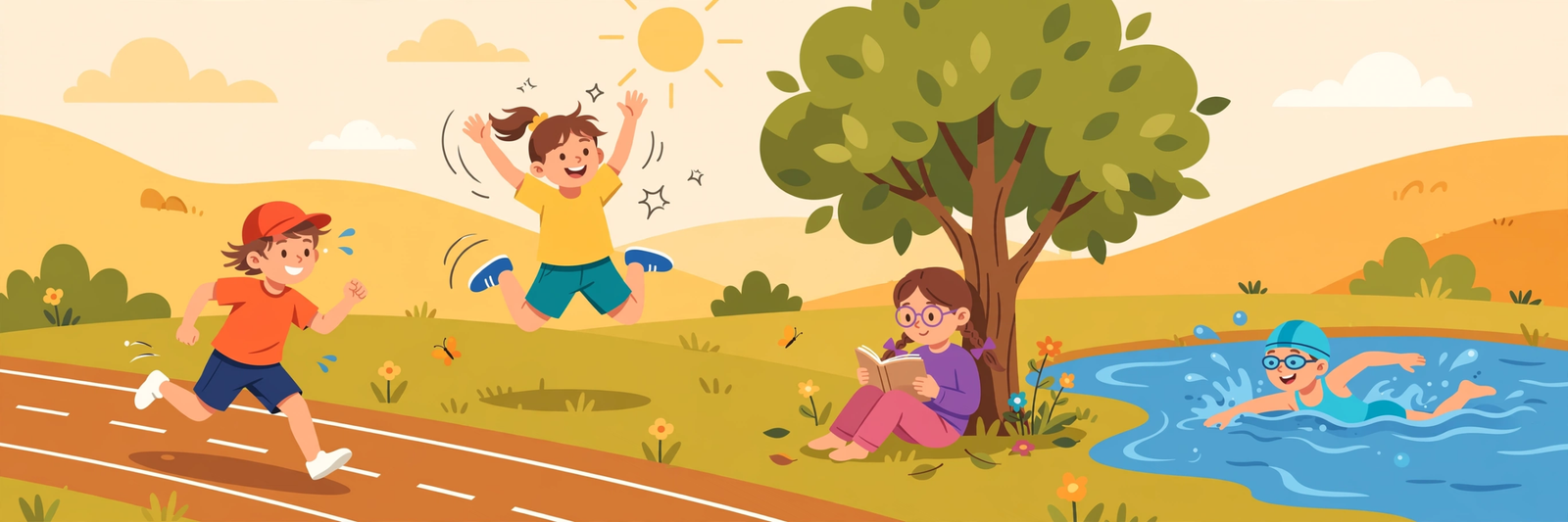 Kids running, jumping, reading and swimming to learn action verbs