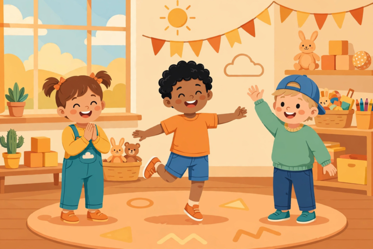 Young kids clapping, hopping and waving to learn simple action words