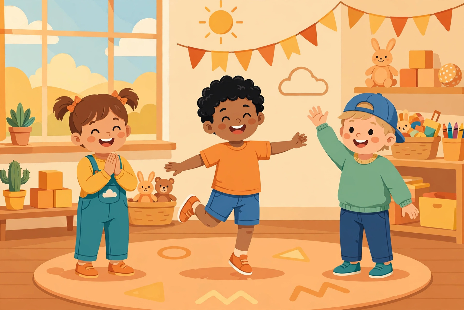 Young kids clapping, hopping and waving to learn simple action words
