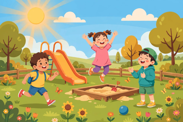 Children acting out action words like run, jump and sing in a sunny playground