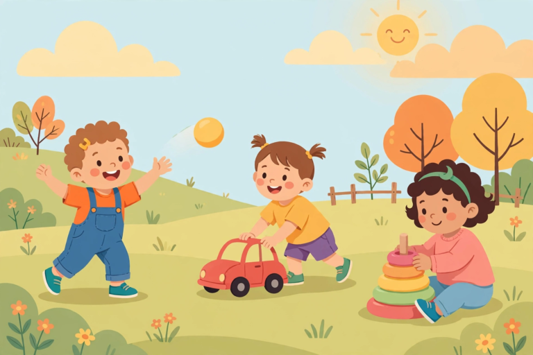 Preschoolers throwing a ball and pushing a toy car to learn action words