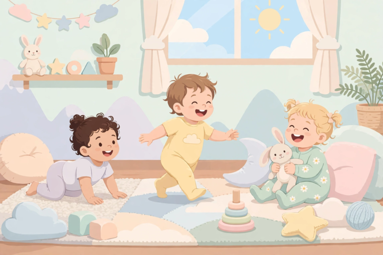 Giggling toddlers crawling and walking on a soft nursery play mat