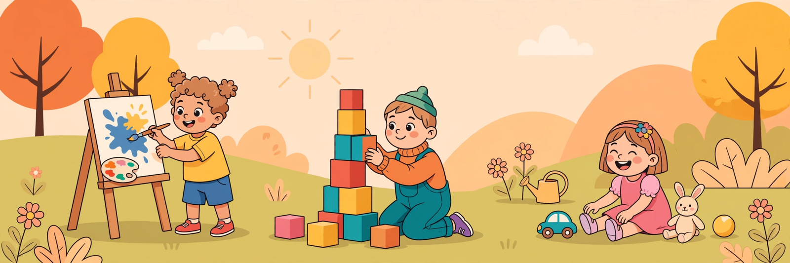 Preschool kids painting and building blocks while learning doing words