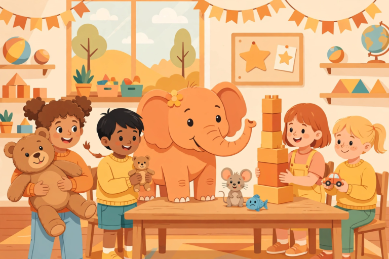 Happy kids learning adjectives with big and small toys in a classroom