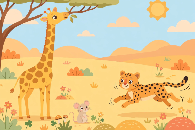 Cute tall giraffe, tiny mouse and fast cheetah showing opposite describing words