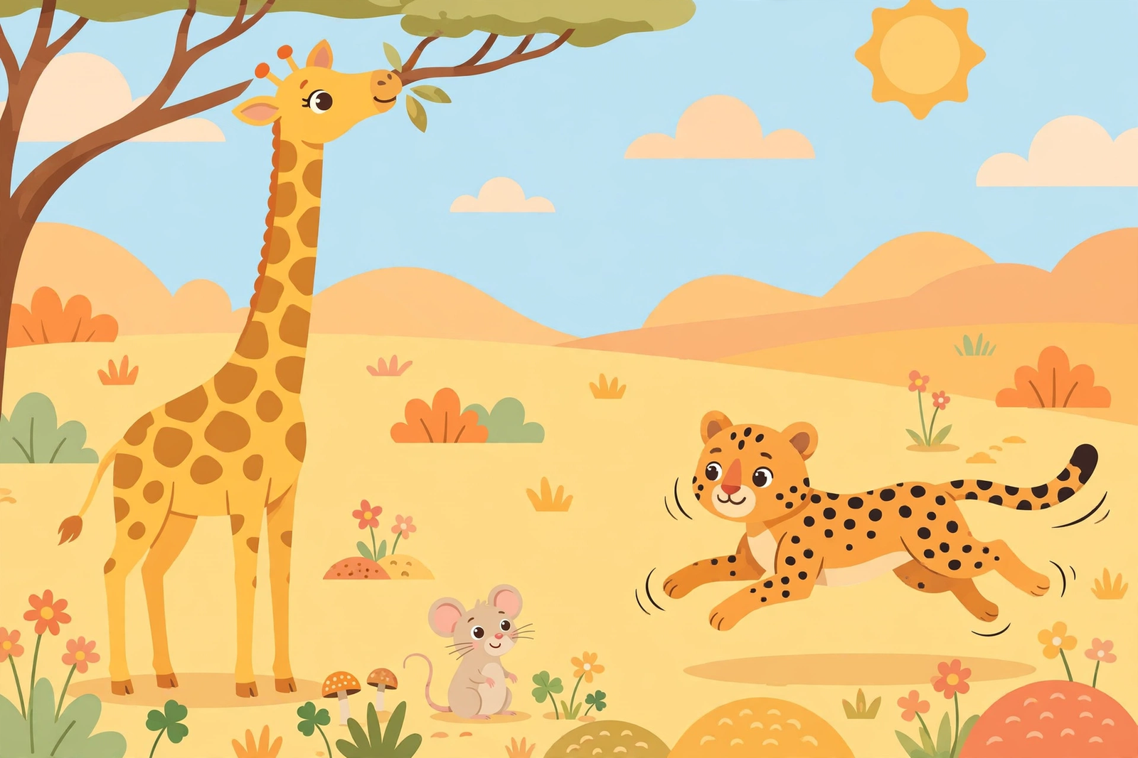 Cute tall giraffe, tiny mouse and fast cheetah showing opposite describing words