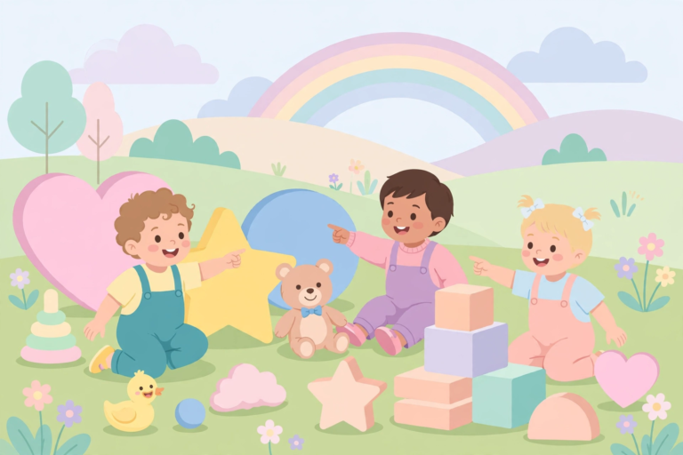Toddlers pointing at colorful shapes and toys in soft pastel colors