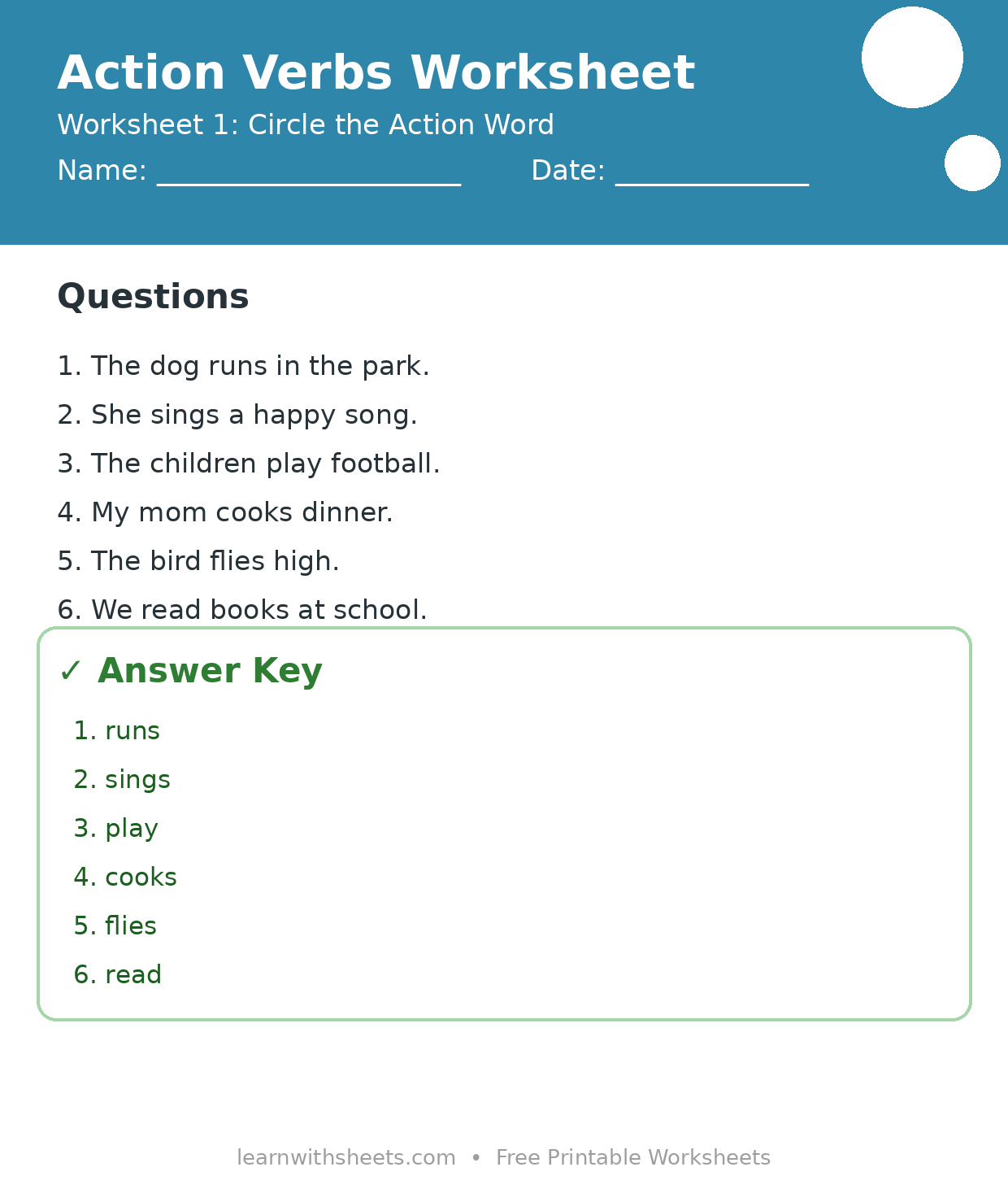 Printable action verbs worksheet 1: Circle the Action Word with questions and answer key