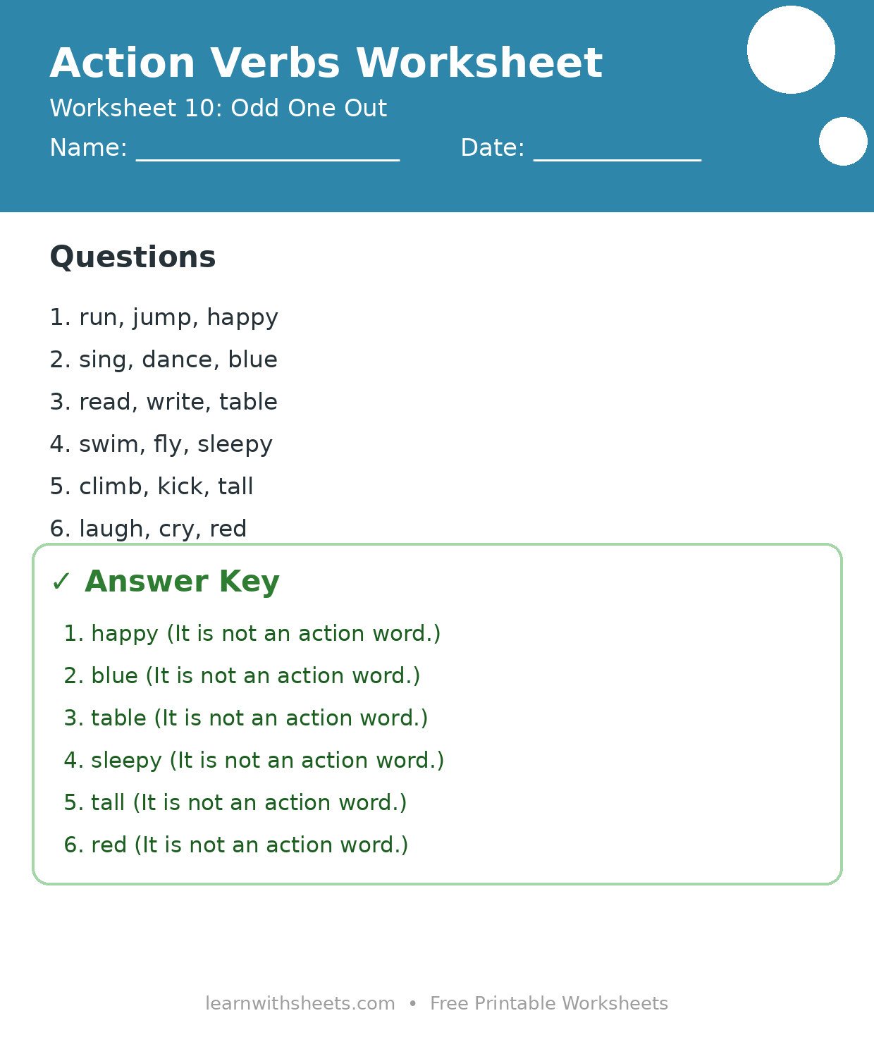Printable action verbs worksheet 10: Odd One Out with questions and answer key