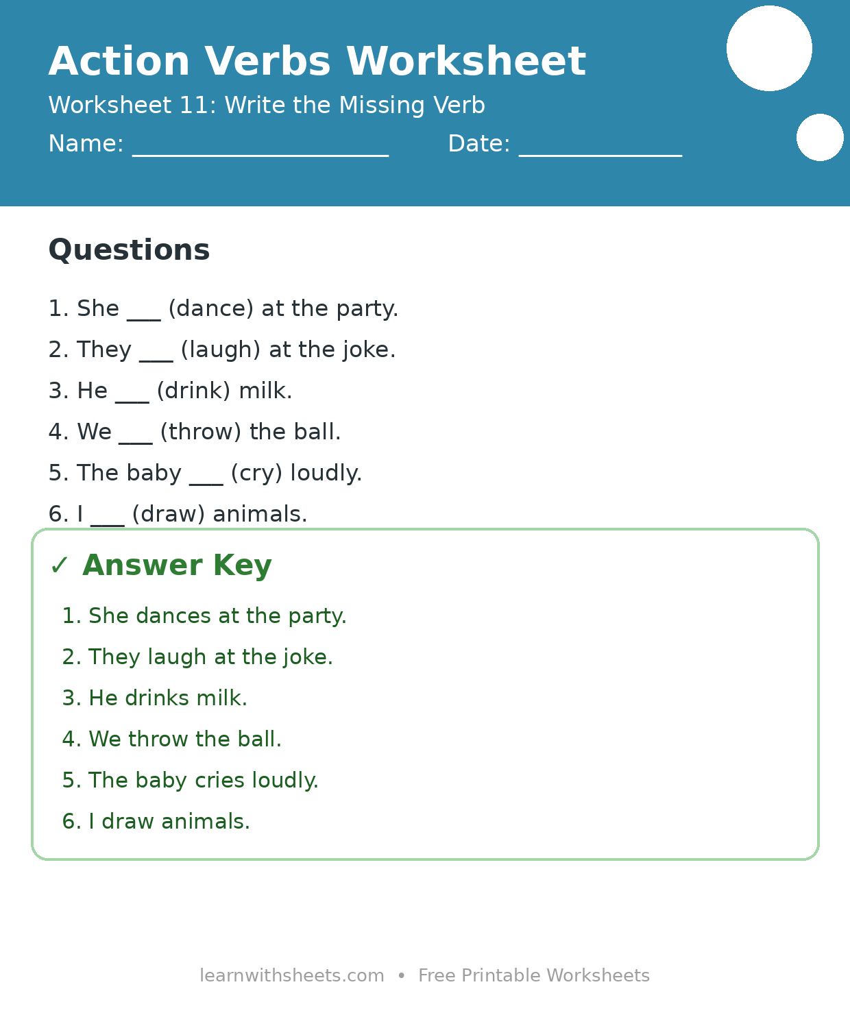 Printable action verbs worksheet 11: Write the Missing Verb with questions and answer key