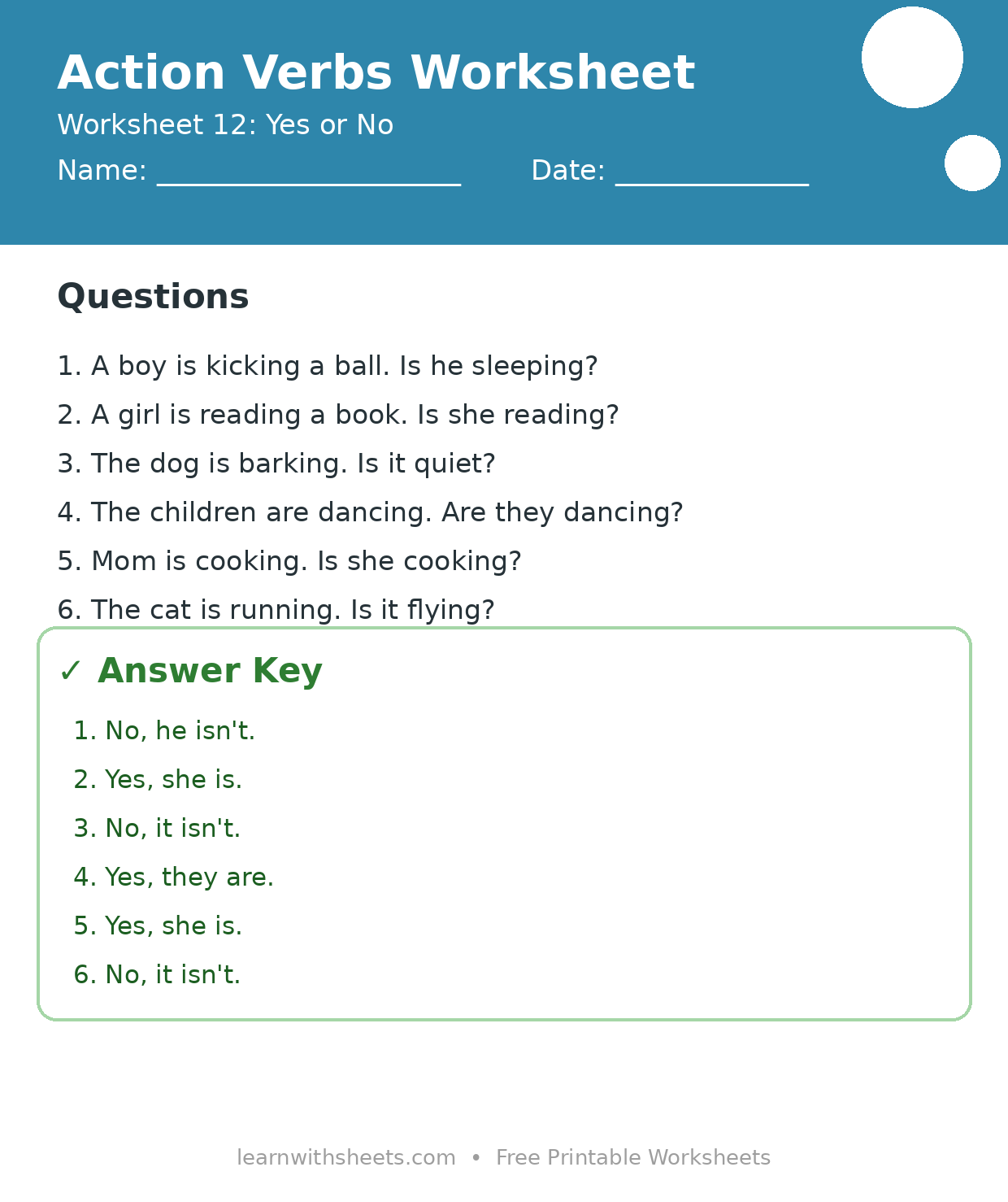 Printable action verbs worksheet 12: Yes or No with questions and answer key