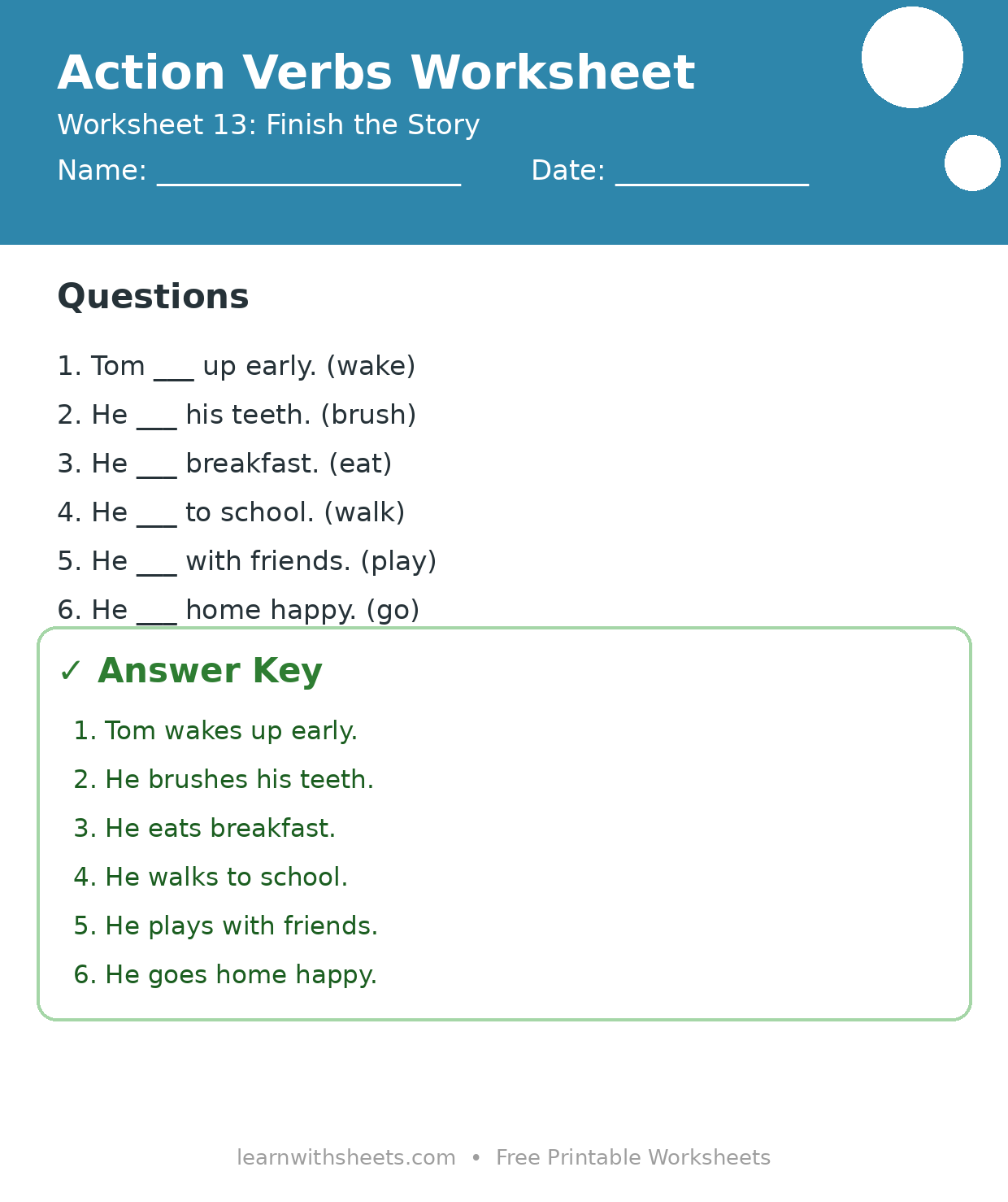 Printable action verbs worksheet 13: Finish the Story with questions and answer key