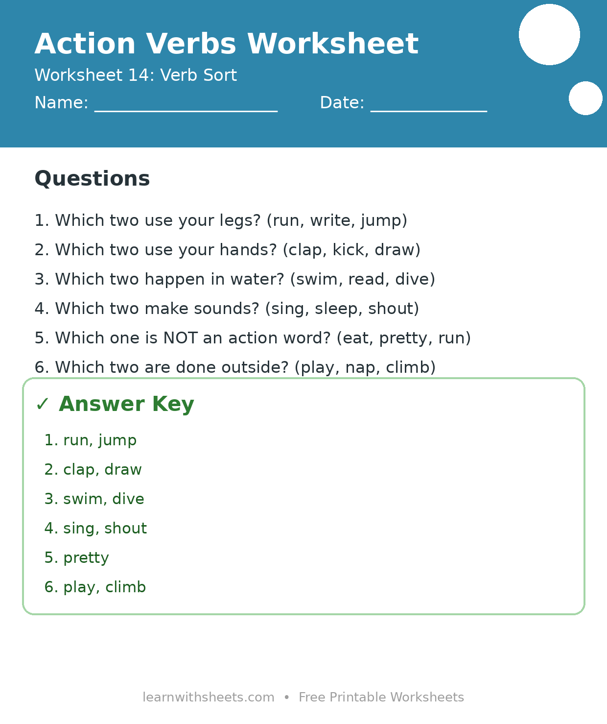 Printable action verbs worksheet 14: Verb Sort with questions and answer key