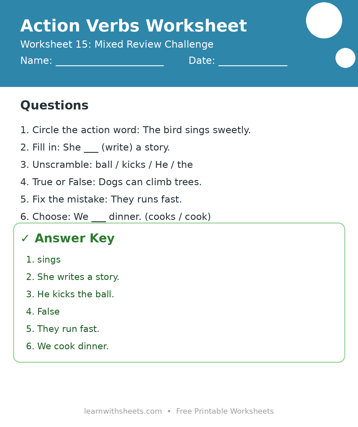 Printable action verbs worksheet 15: Mixed Review Challenge with questions and answer key