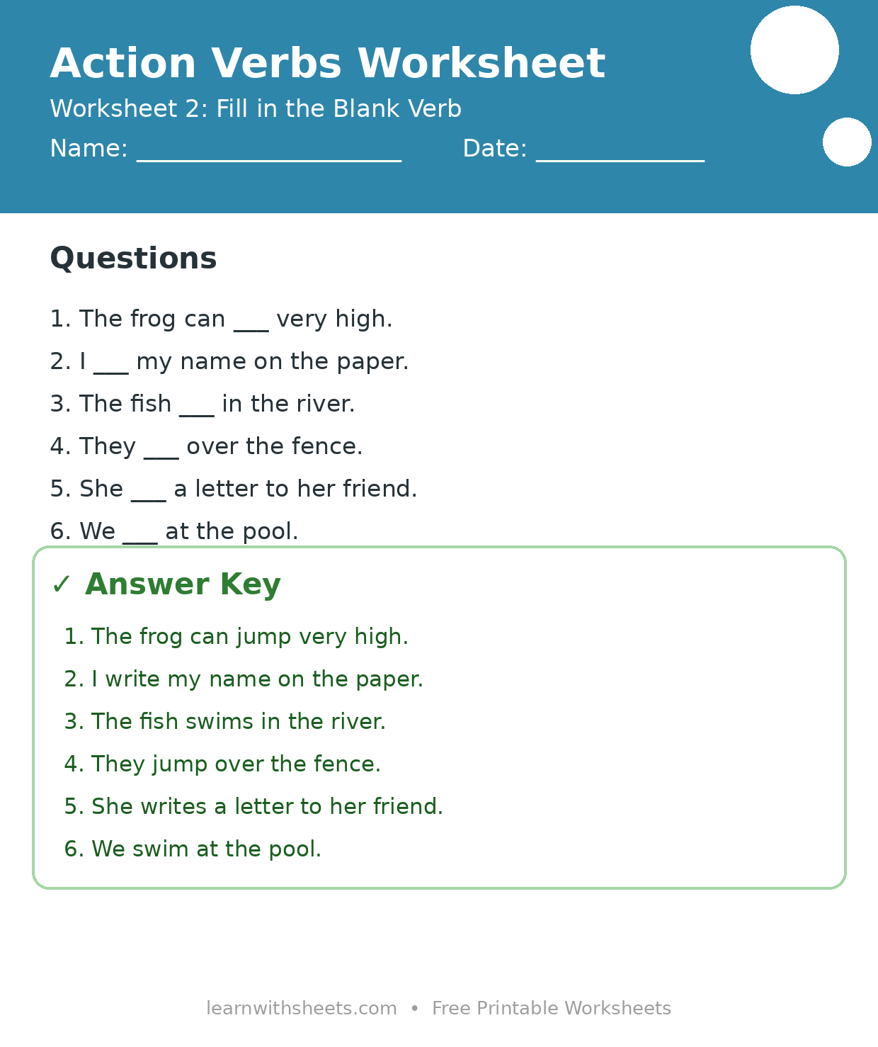 Printable action verbs worksheet 2: Fill in the Blank Verb with questions and answer key