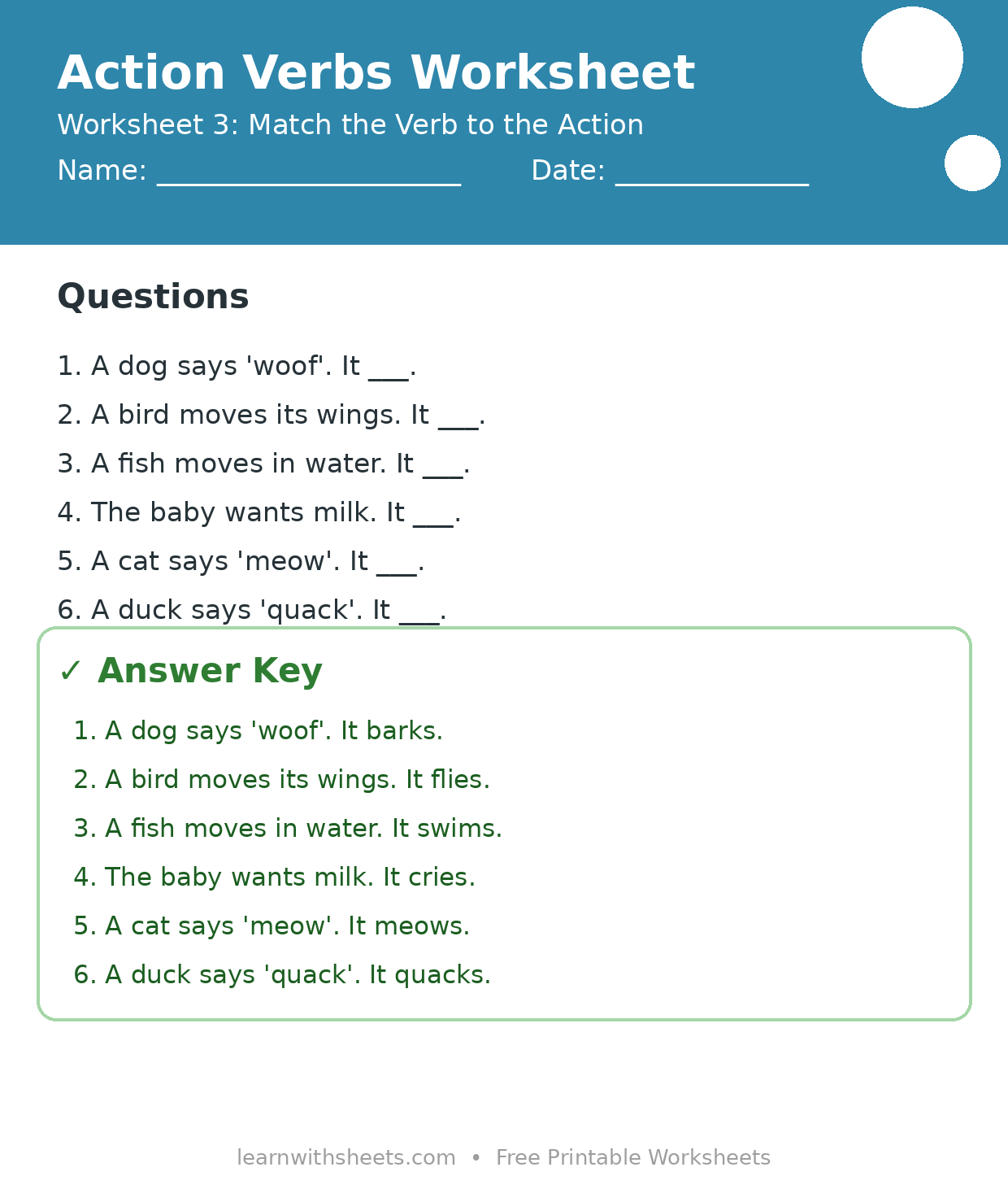 Printable action verbs worksheet 3: Match the Verb to the Action with questions and answer key