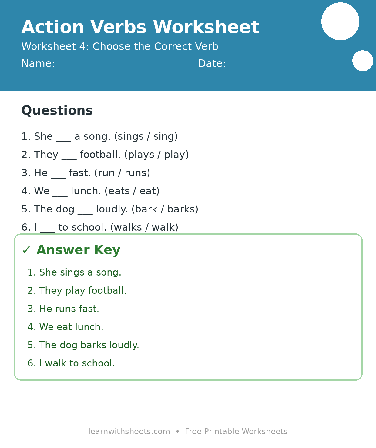 Printable action verbs worksheet 4: Choose the Correct Verb with questions and answer key