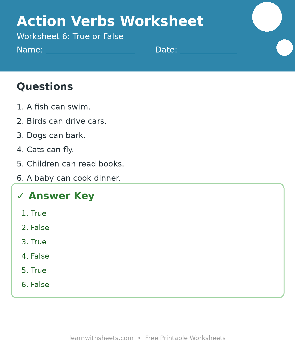 Printable action verbs worksheet 6: True or False with questions and answer key