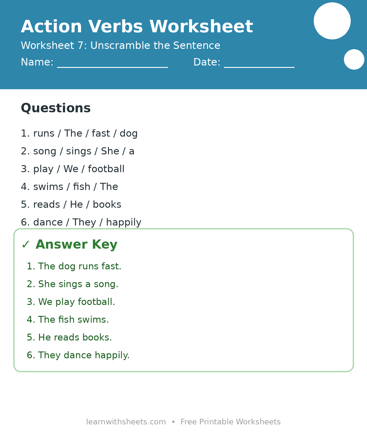 Printable action verbs worksheet 7: Unscramble the Sentence with questions and answer key