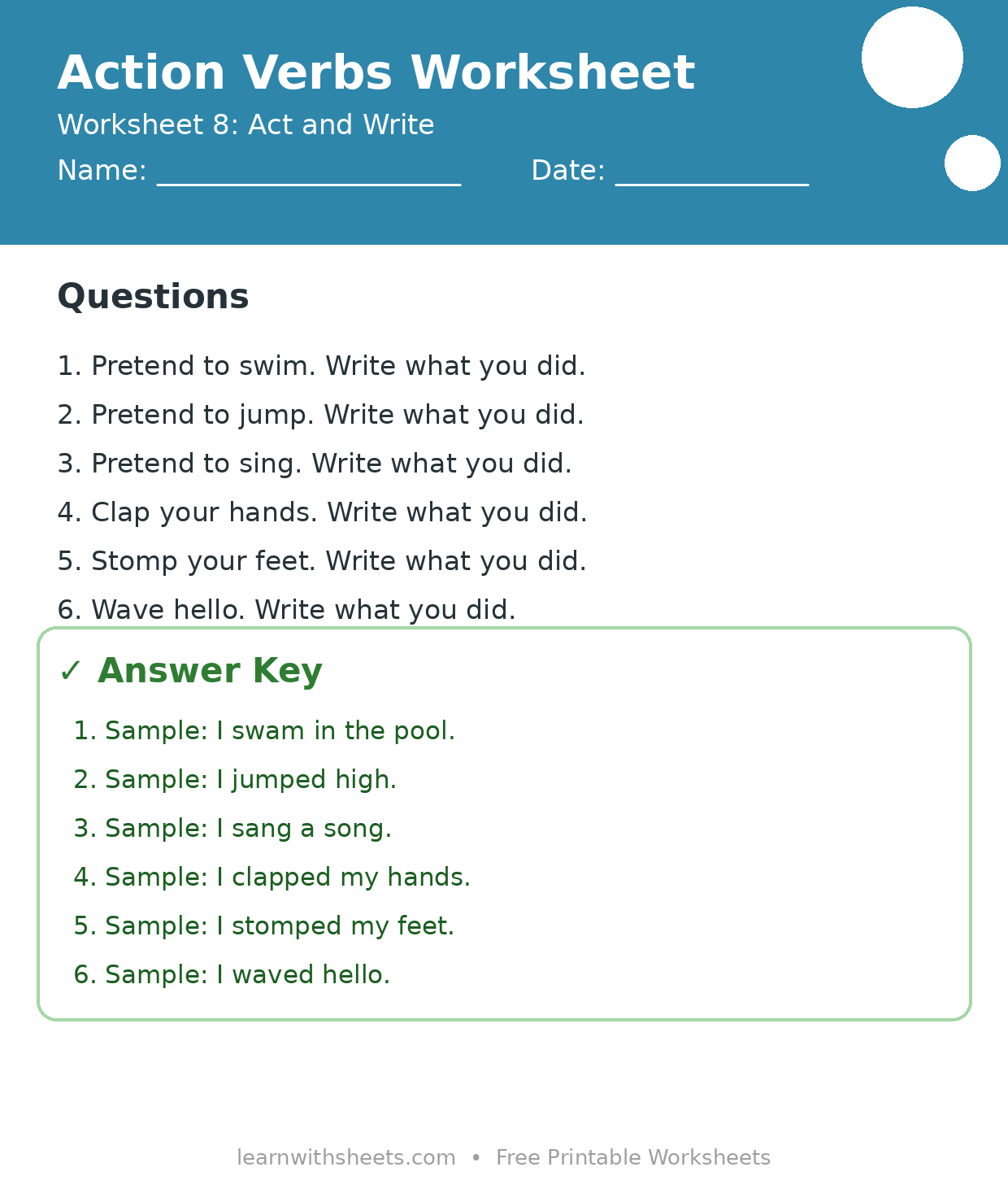 Printable action verbs worksheet 8: Act and Write with questions and answer key