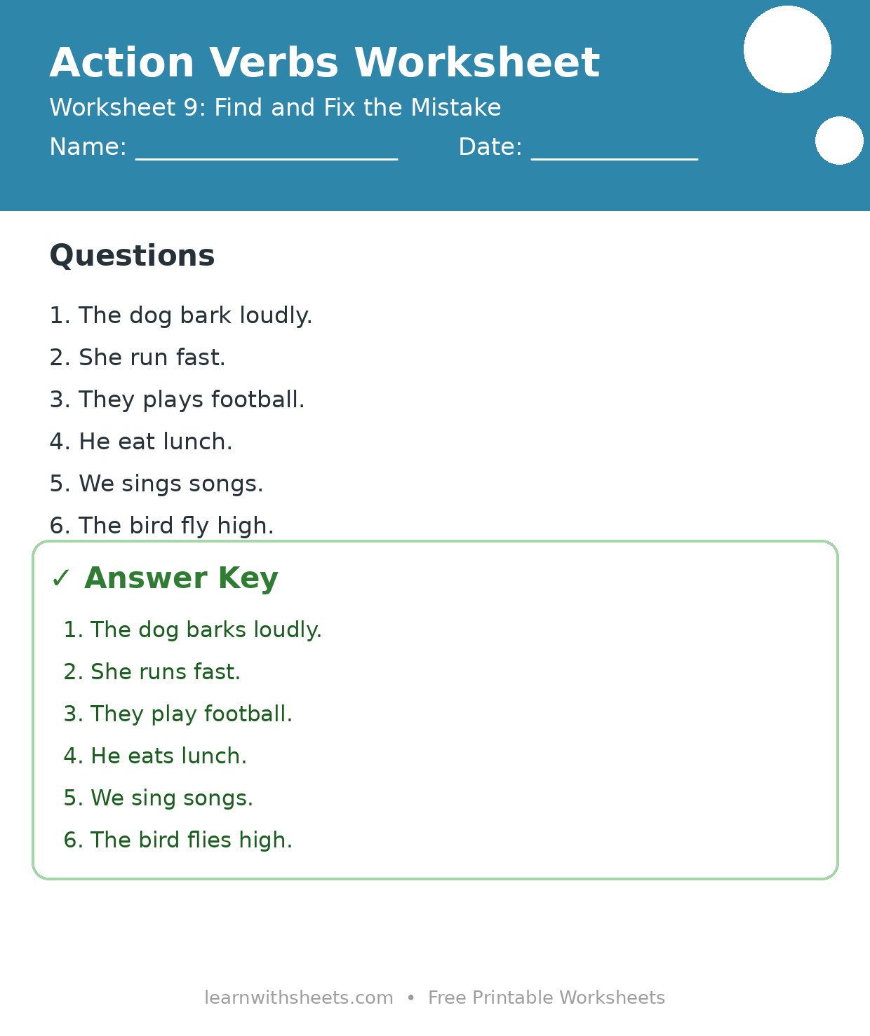 Printable action verbs worksheet 9: Find and Fix the Mistake with questions and answer key