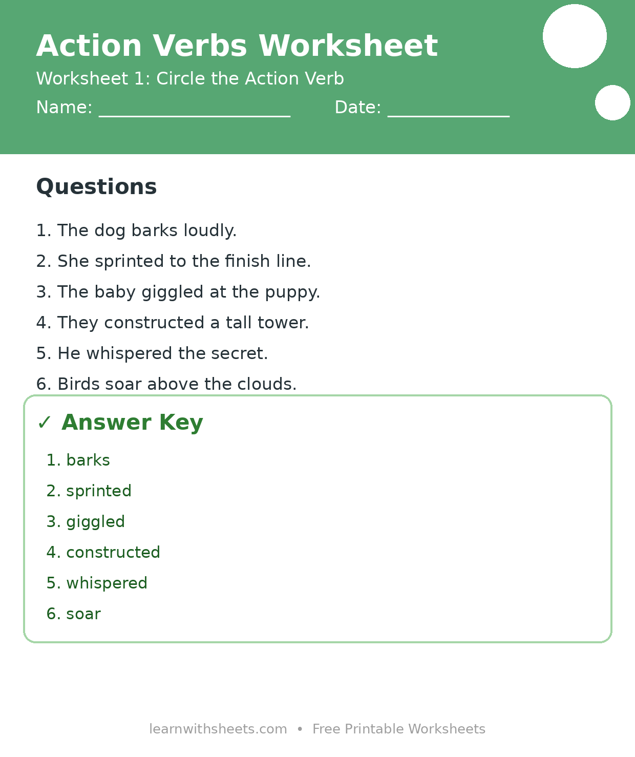 Printable action verbs worksheet 1: Circle the Action Verb with questions and answer key