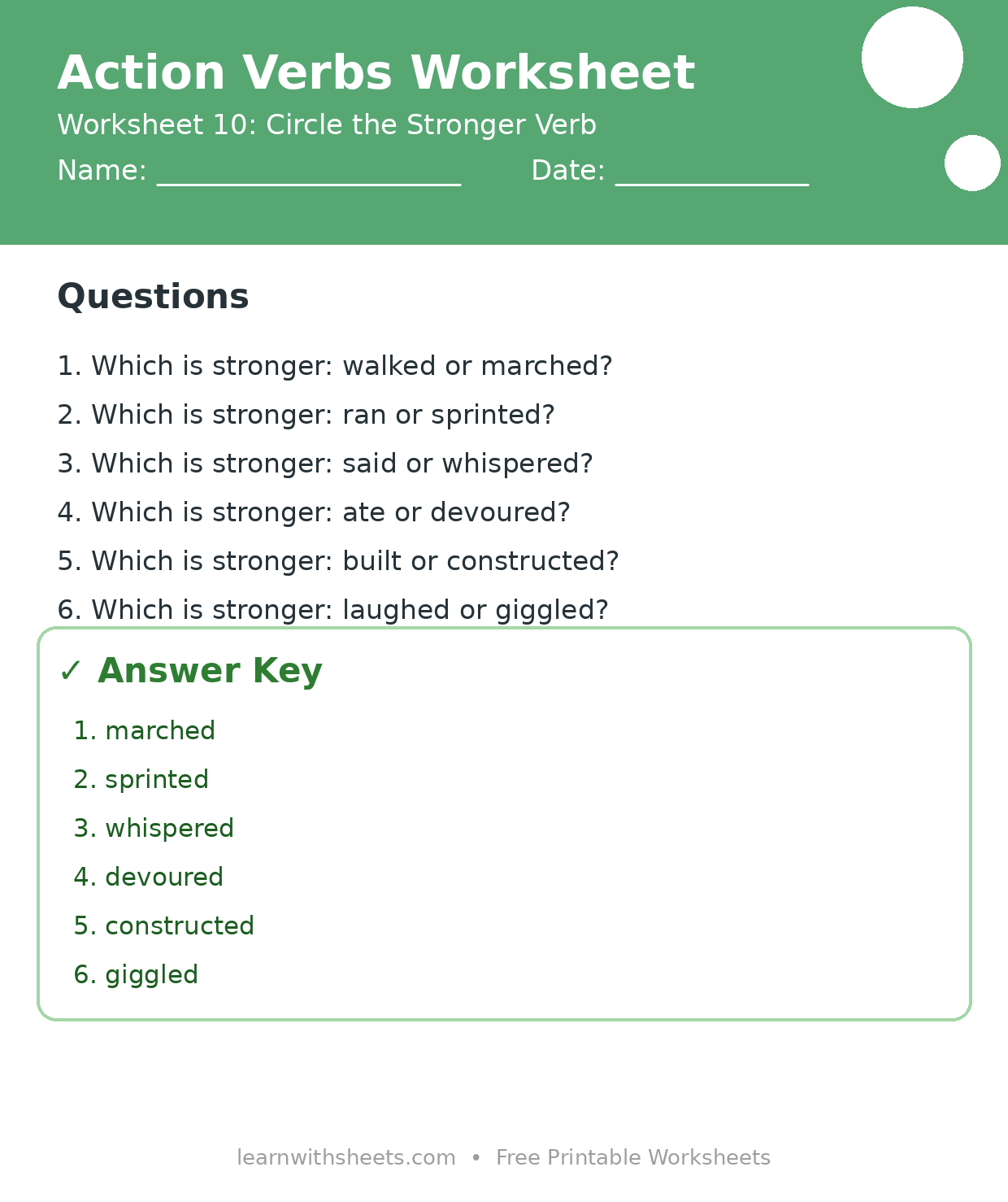 Printable action verbs worksheet 10: Circle the Stronger Verb with questions and answer key