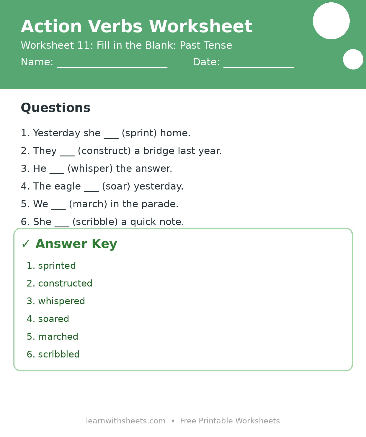 Printable action verbs worksheet 11: Fill in the Blank: Past Tense with questions and answer key