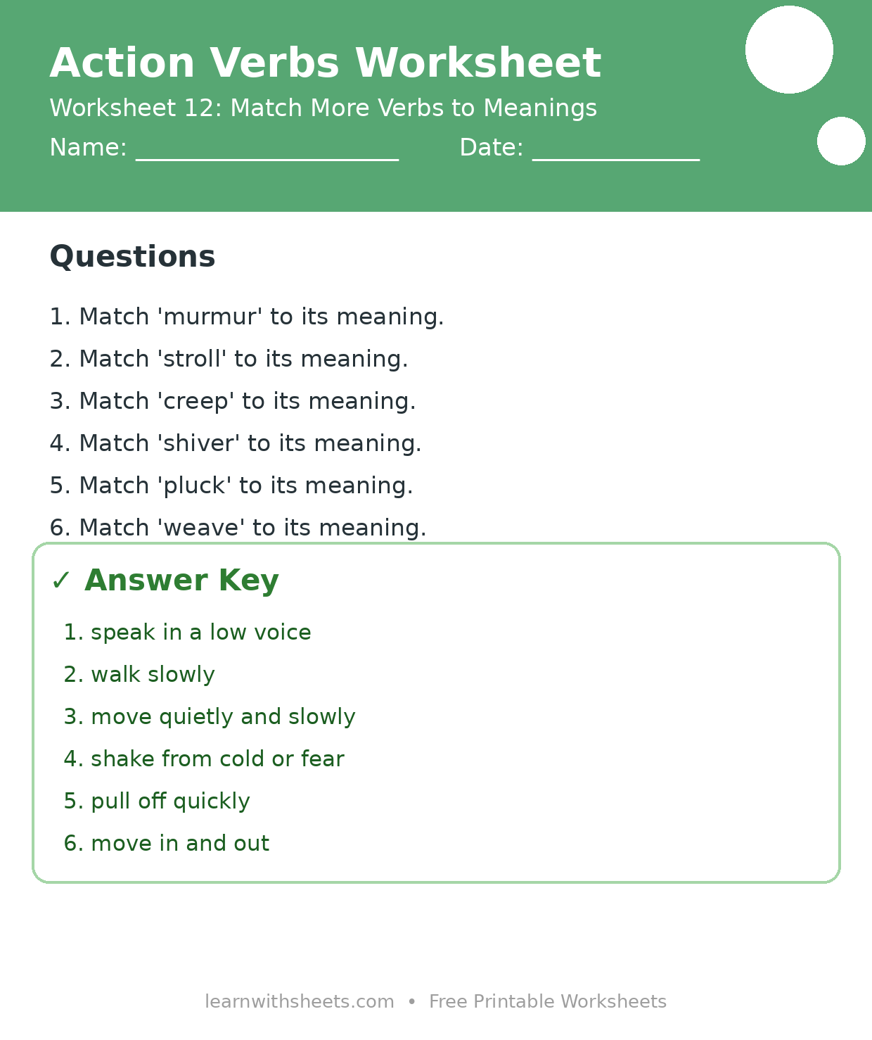 Printable action verbs worksheet 12: Match More Verbs to Meanings with questions and answer key