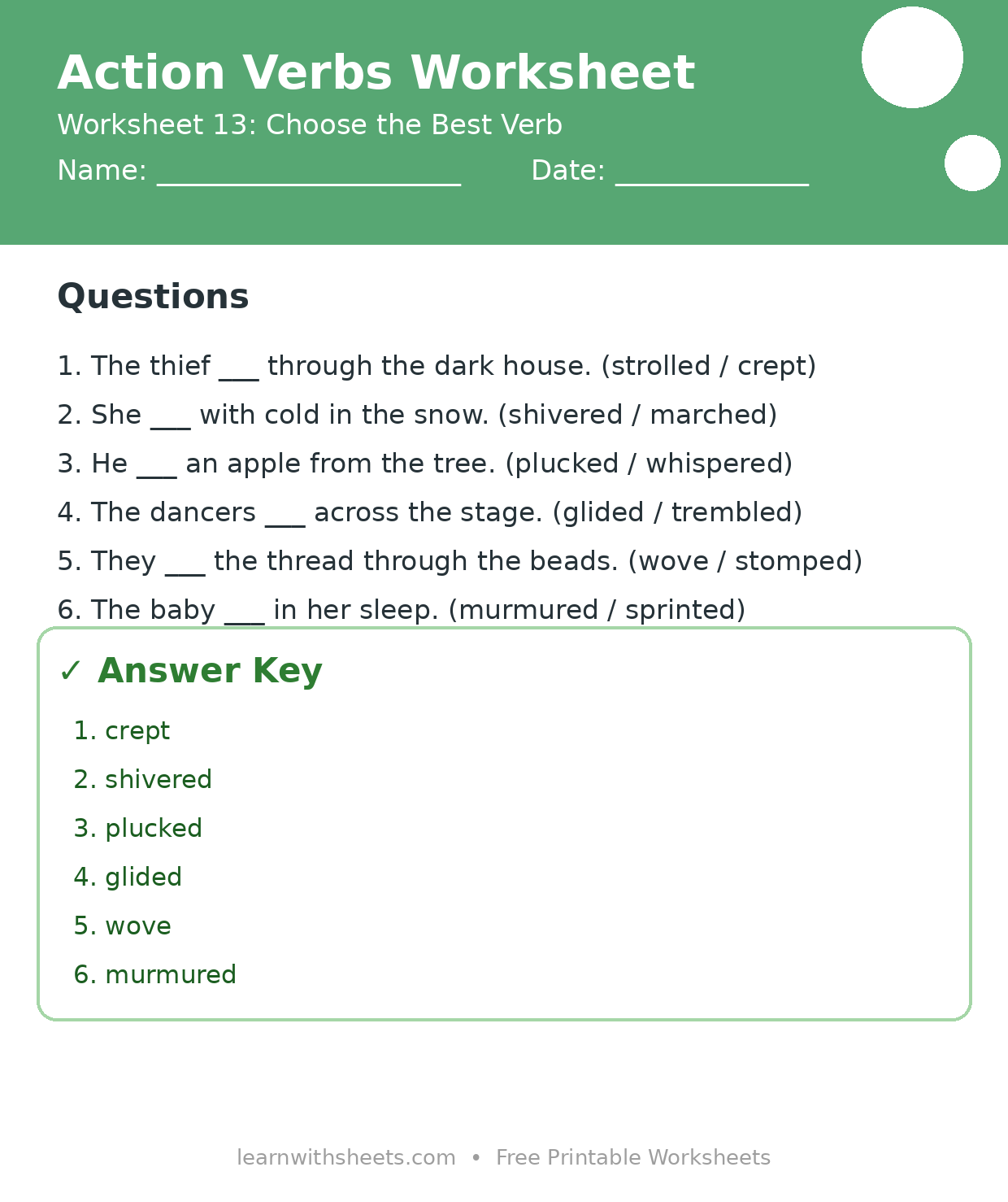 Printable action verbs worksheet 13: Choose the Best Verb with questions and answer key