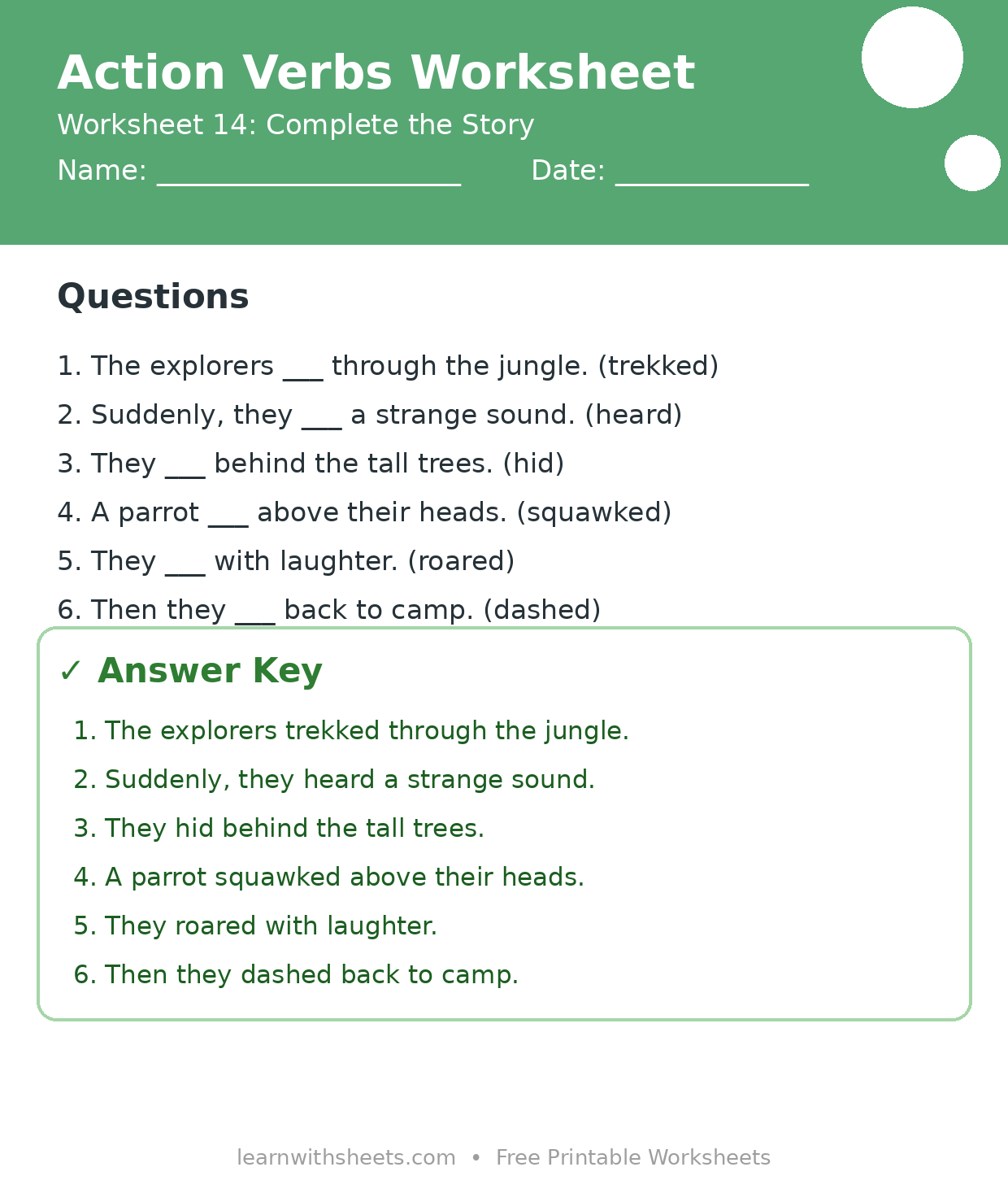 Printable action verbs worksheet 14: Complete the Story with questions and answer key