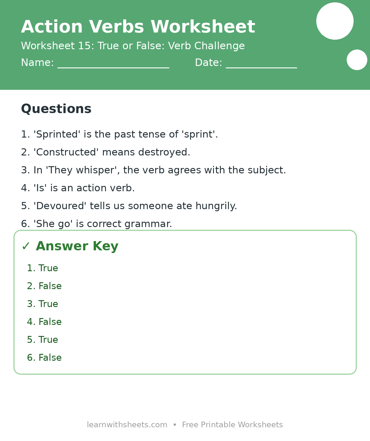 Printable action verbs worksheet 15: True or False: Verb Challenge with questions and answer key
