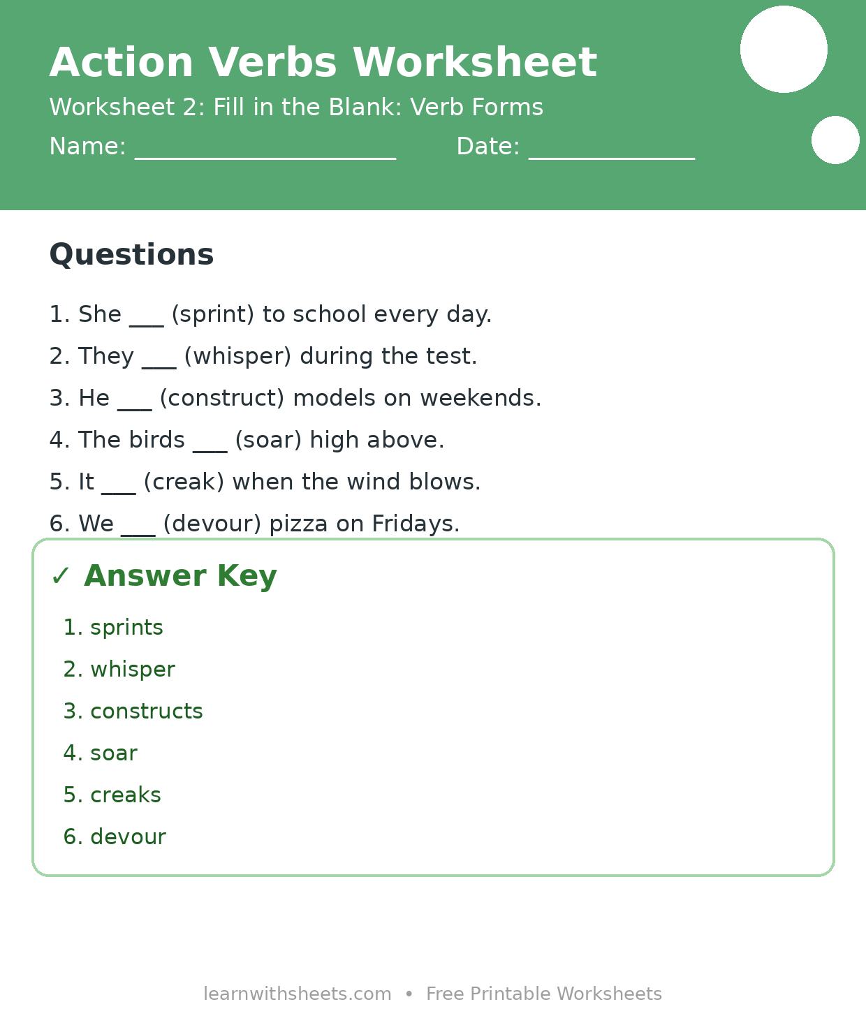 Printable action verbs worksheet 2: Fill in the Blank: Verb Forms with questions and answer key