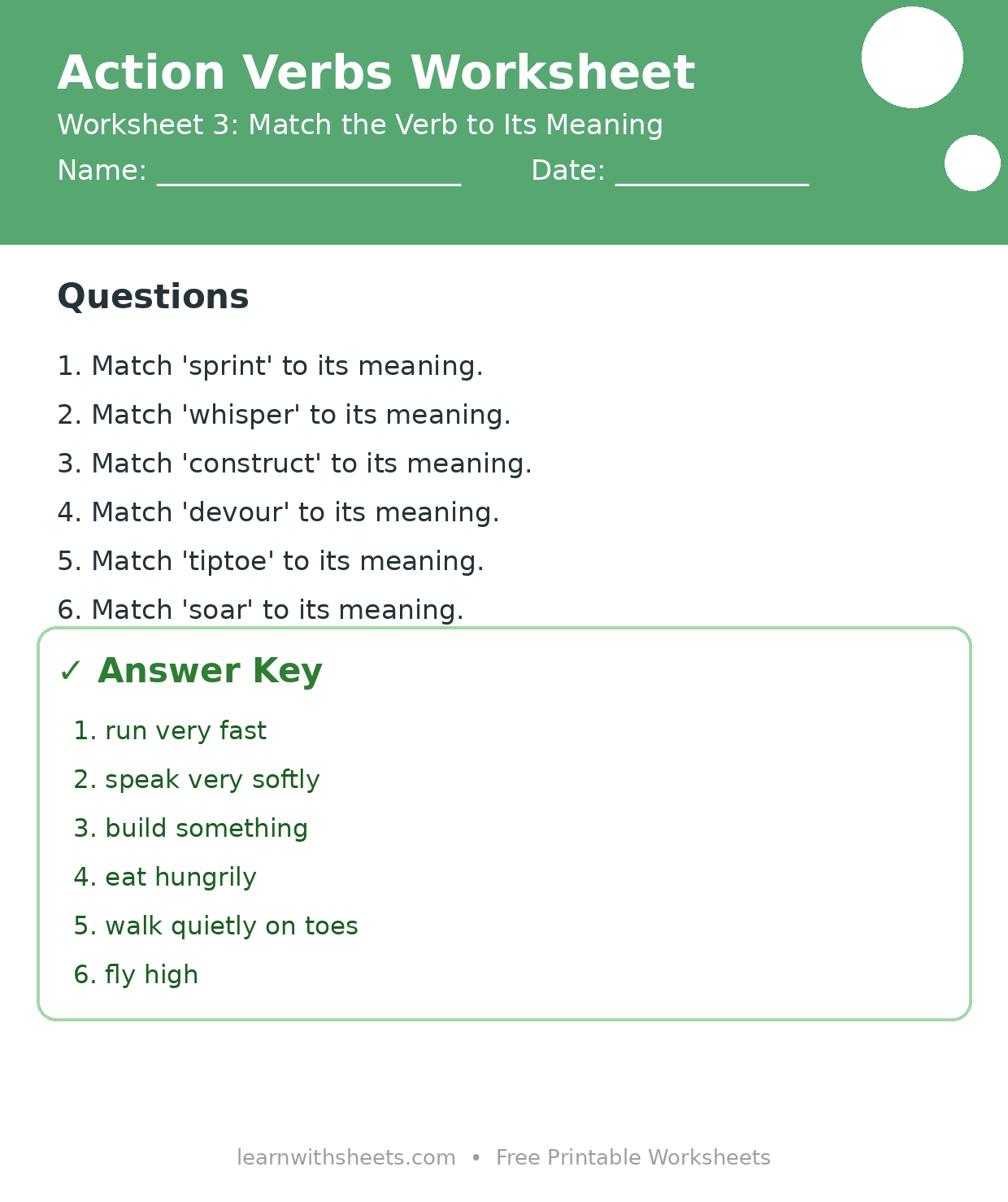 Printable action verbs worksheet 3: Match the Verb to Its Meaning with questions and answer key