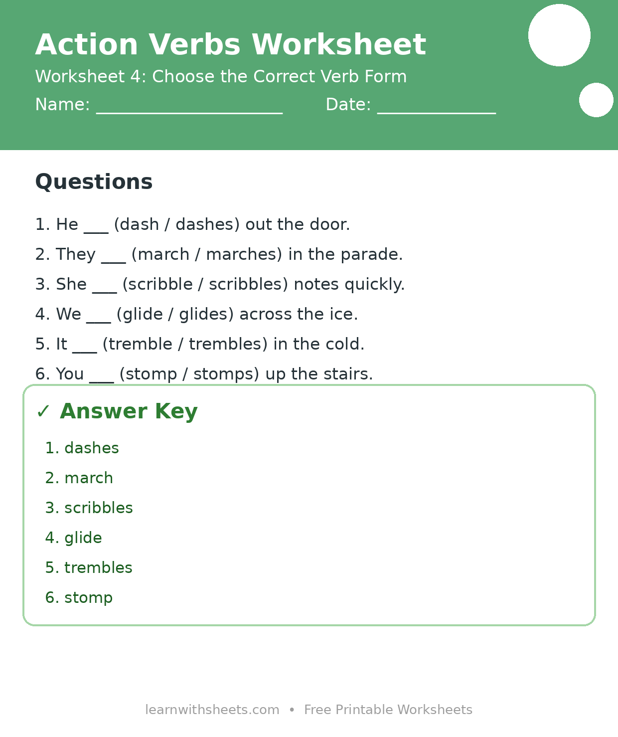 Printable action verbs worksheet 4: Choose the Correct Verb Form with questions and answer key