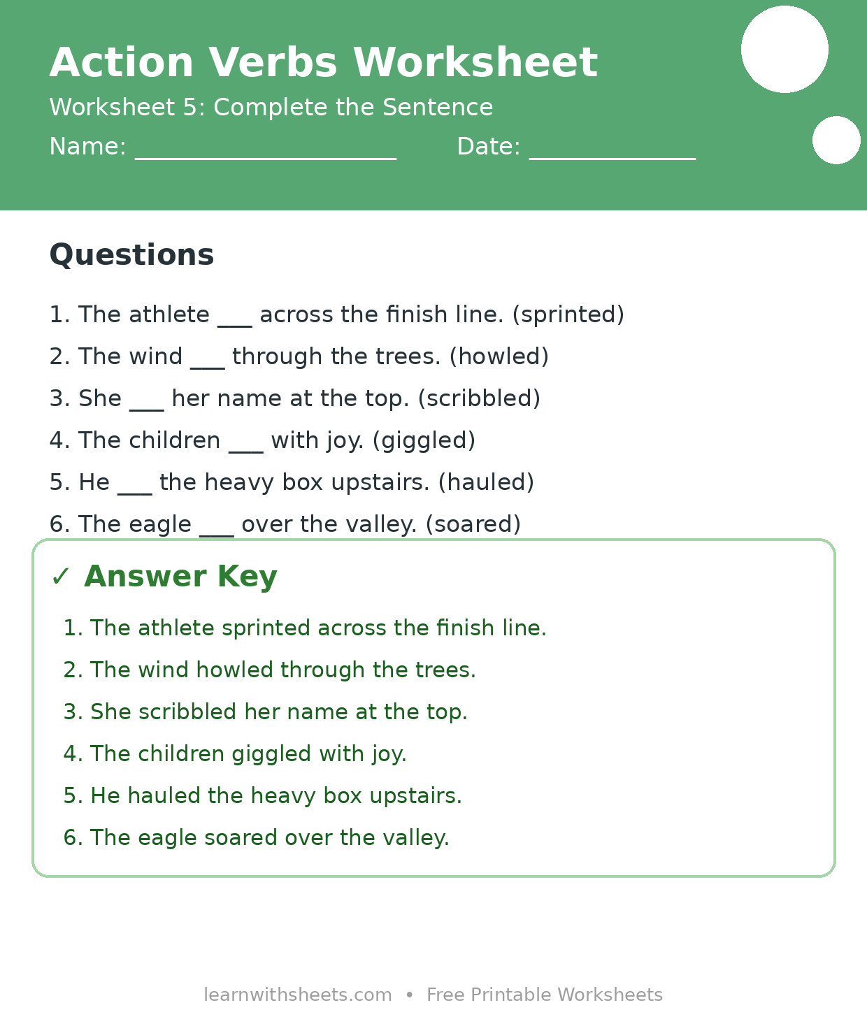 Printable action verbs worksheet 5: Complete the Sentence with questions and answer key