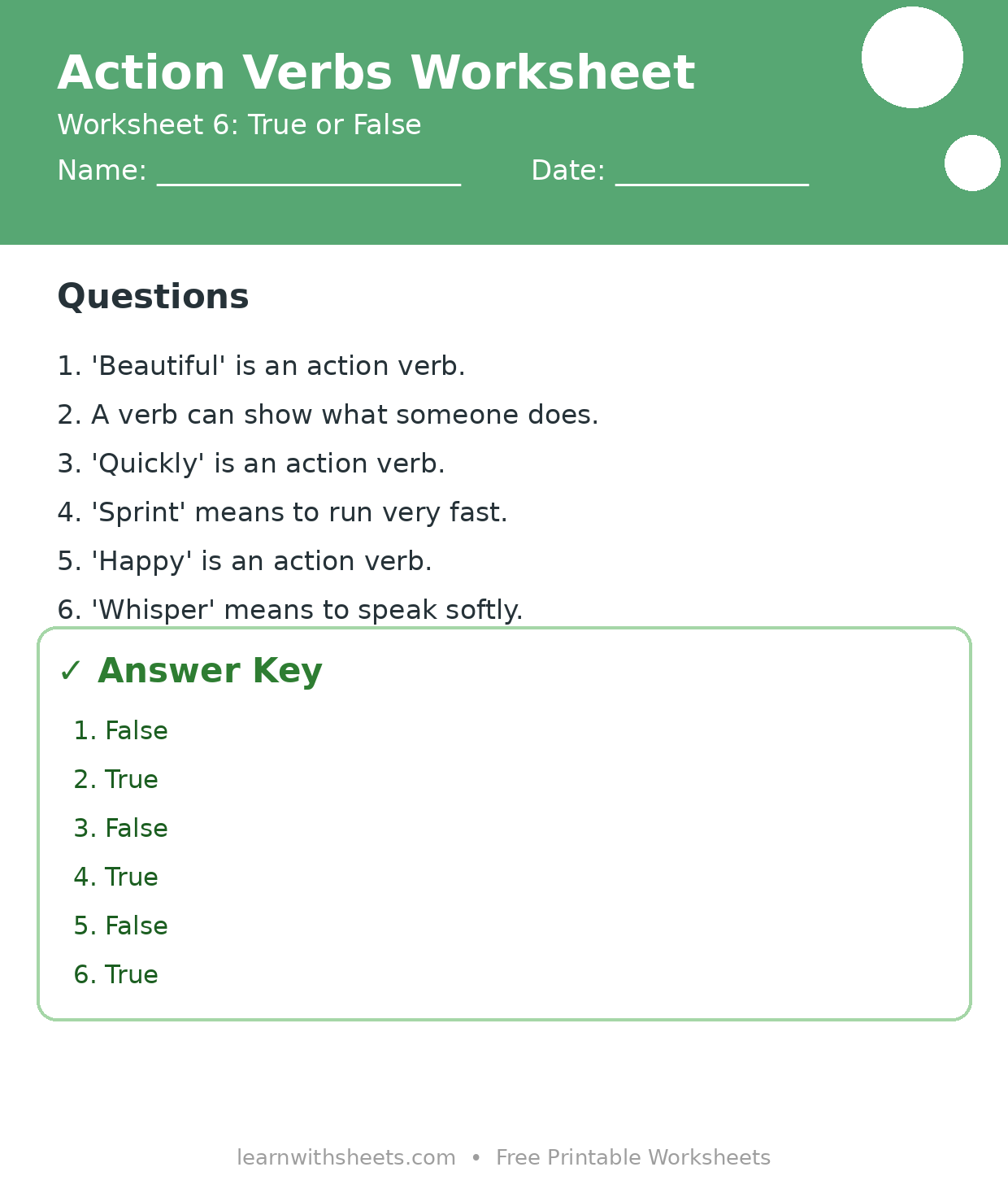 Printable action verbs worksheet 6: True or False with questions and answer key