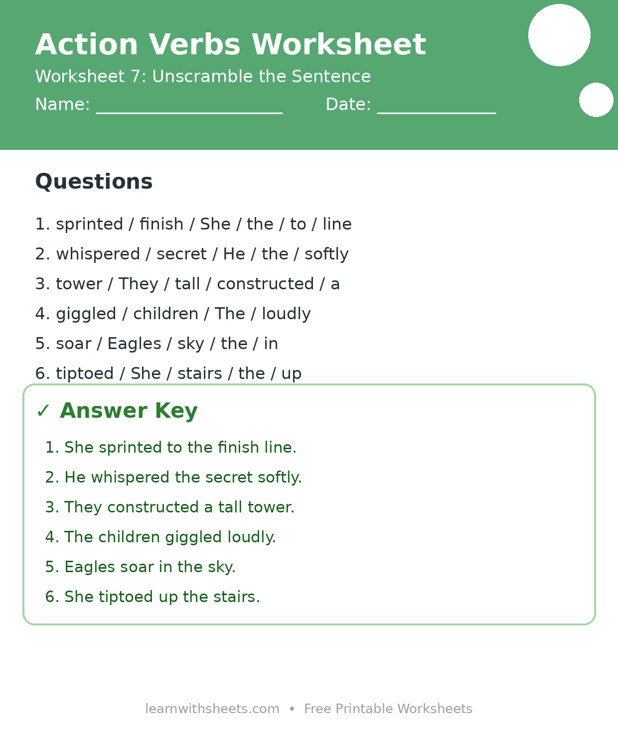 Printable action verbs worksheet 7: Unscramble the Sentence with questions and answer key
