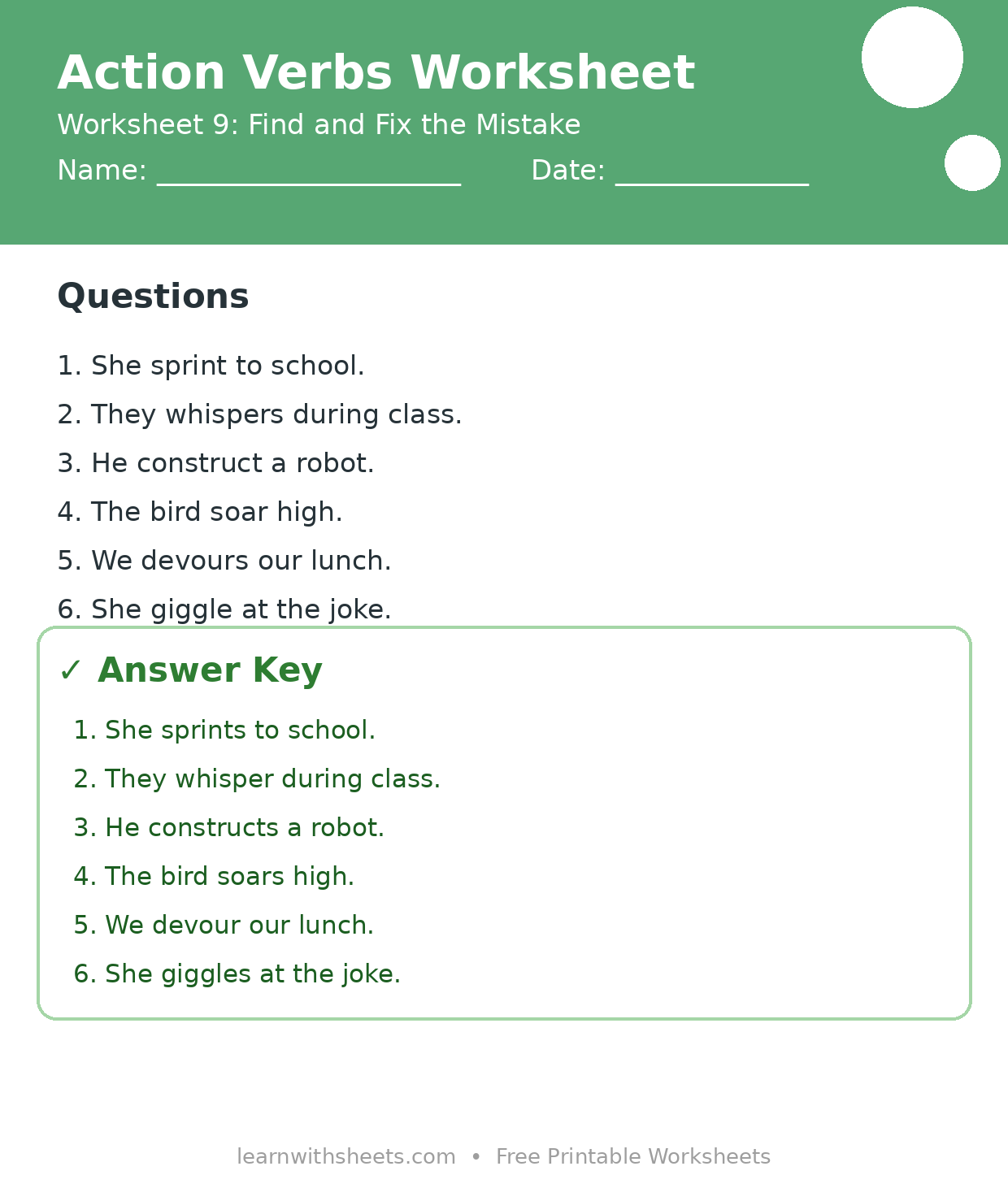 Printable action verbs worksheet 9: Find and Fix the Mistake with questions and answer key