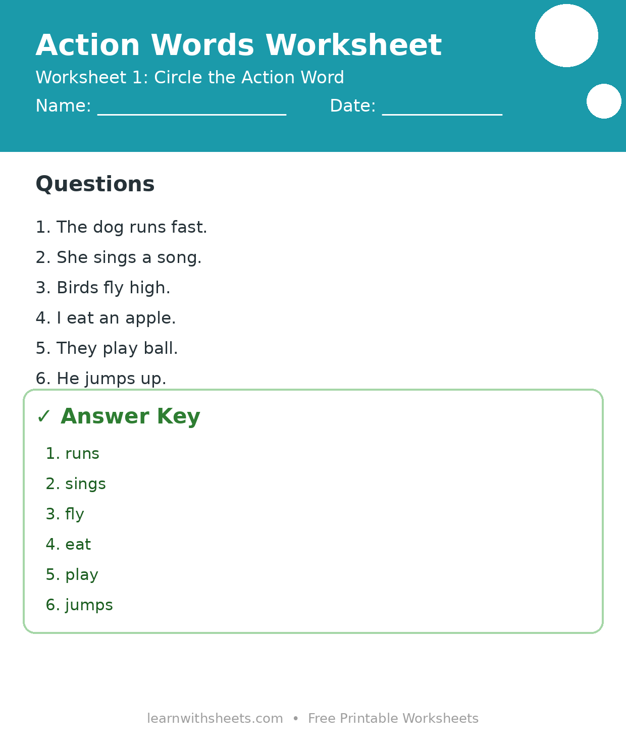 Printable action words worksheet 1: Circle the Action Word with questions and answer key