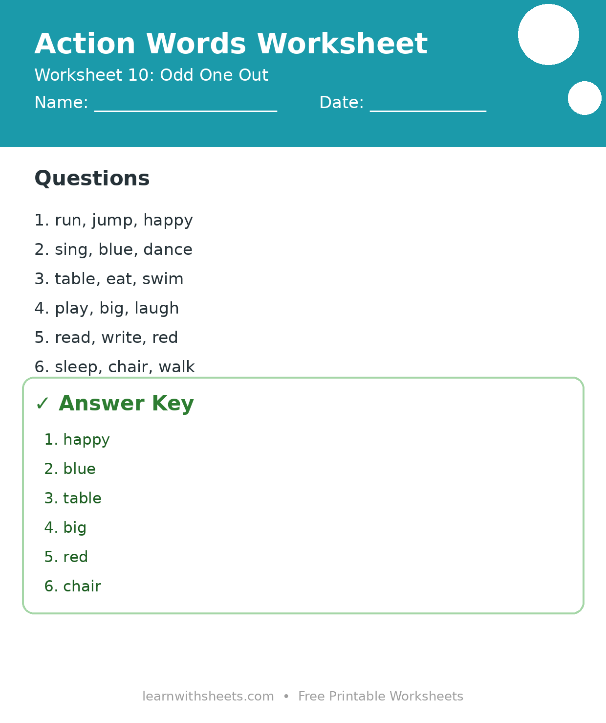 Printable action words worksheet 10: Odd One Out with questions and answer key