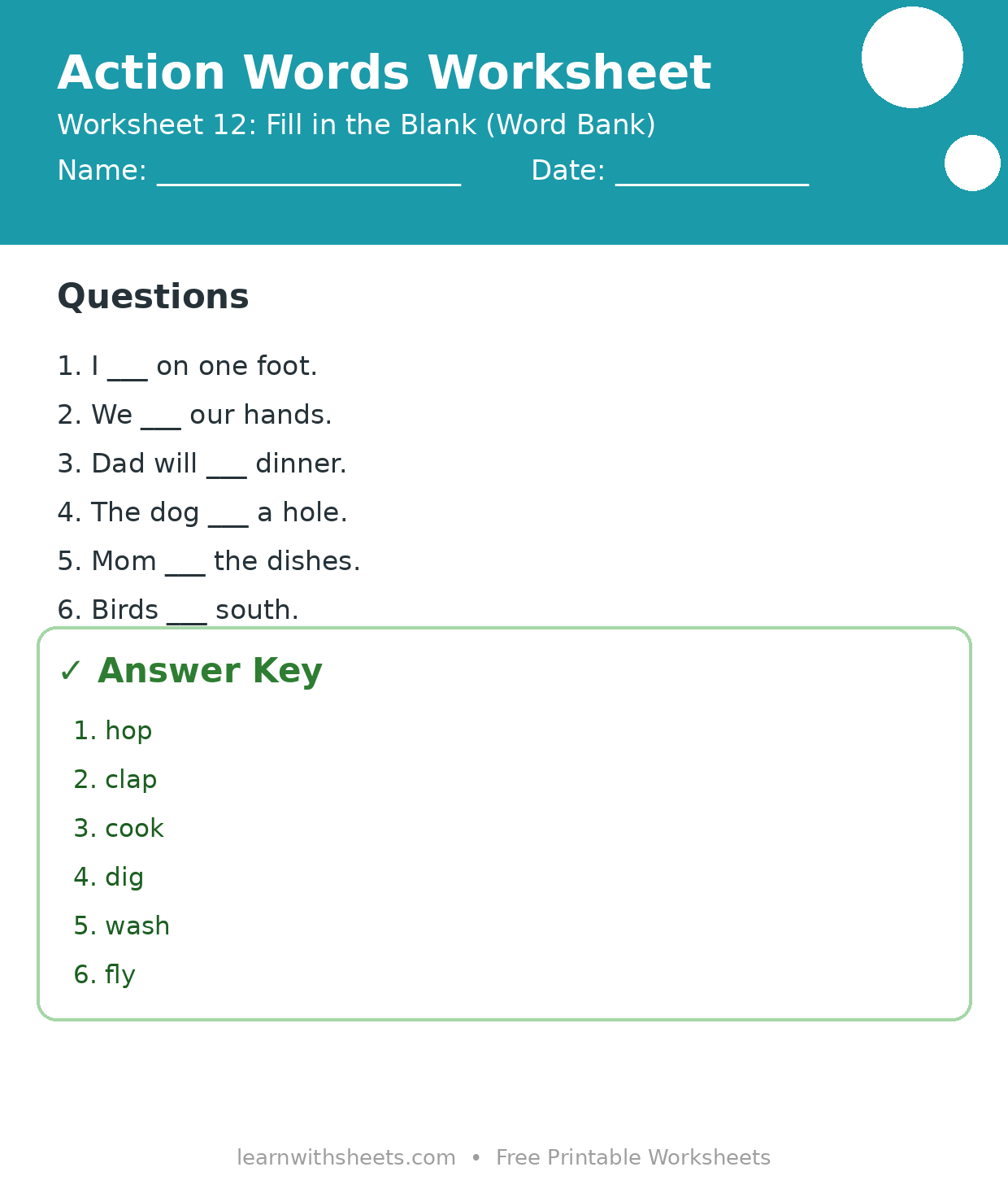 Printable action words worksheet 12: Fill in the Blank (Word Bank) with questions and answer key