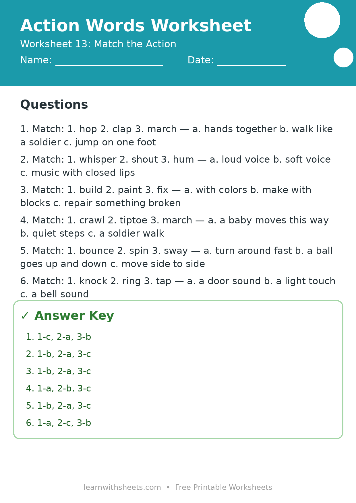 Printable action words worksheet 13: Match the Action with questions and answer key
