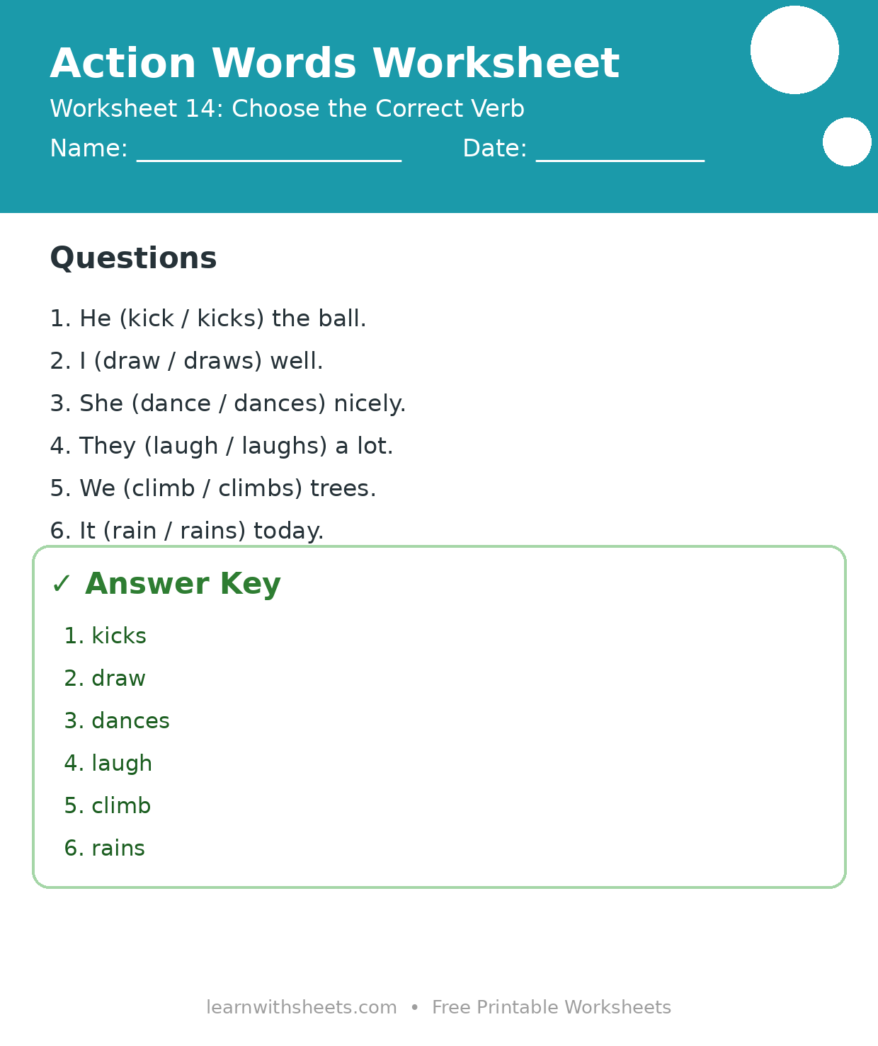 Printable action words worksheet 14: Choose the Correct Verb with questions and answer key
