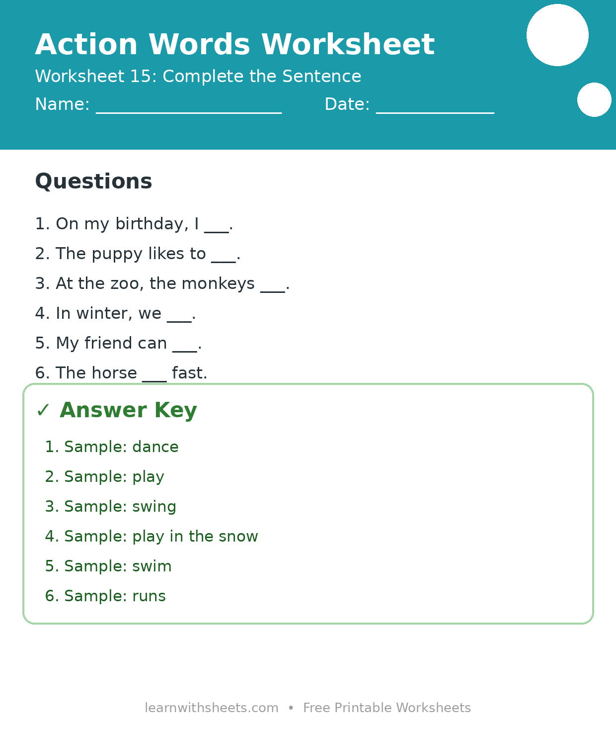 Printable action words worksheet 15: Complete the Sentence with questions and answer key