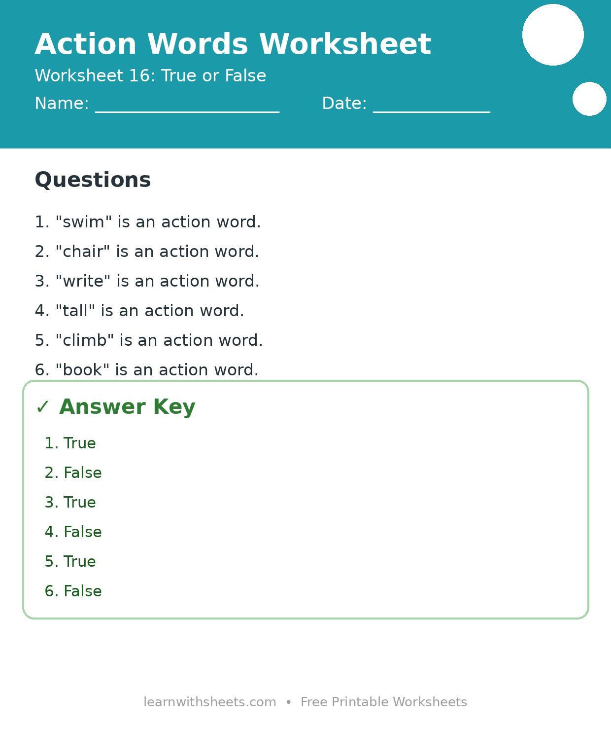 Printable action words worksheet 16: True or False with questions and answer key