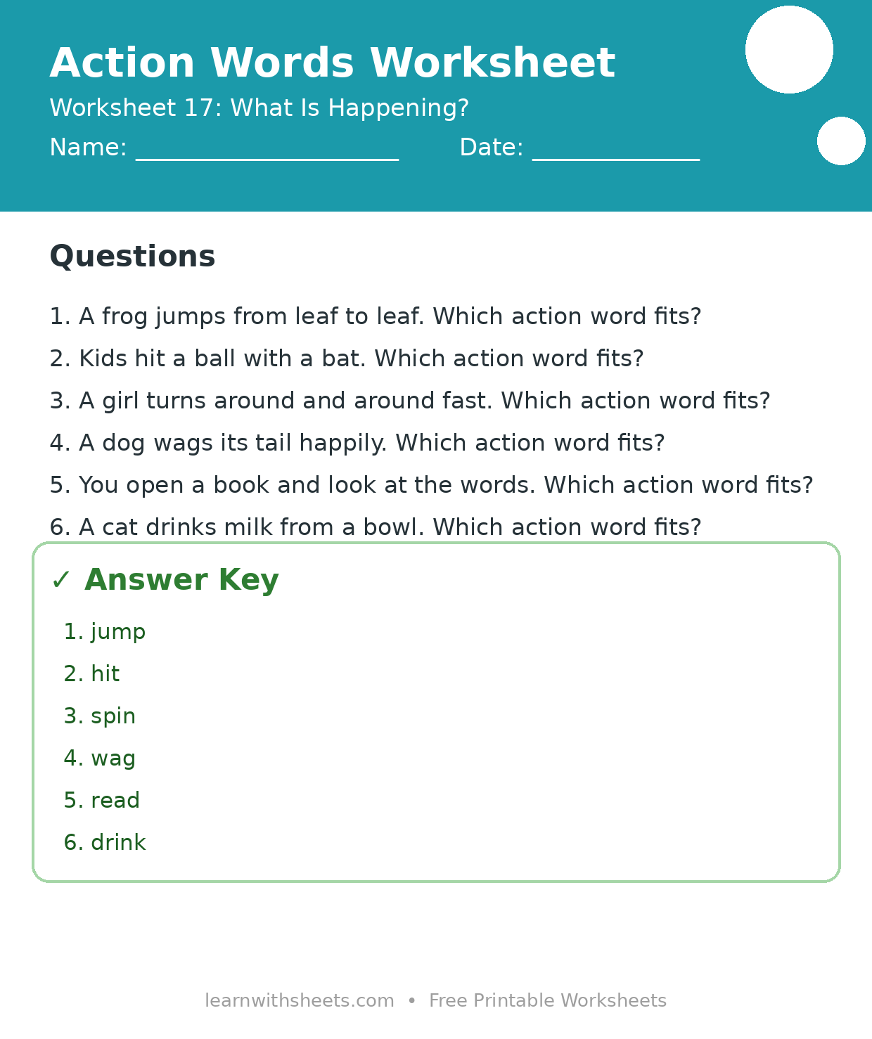 Printable action words worksheet 17: What Is Happening? with questions and answer key