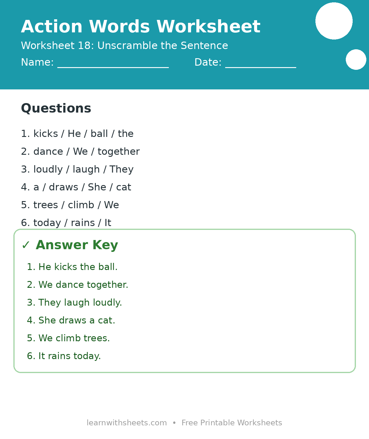 Printable action words worksheet 18: Unscramble the Sentence with questions and answer key