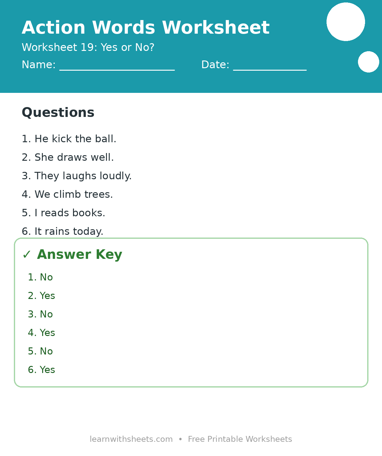 Printable action words worksheet 19: Yes or No? with questions and answer key